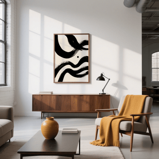 Black and White Paintings Abstract hung above wooden sideboard with a lamp in a bright living room