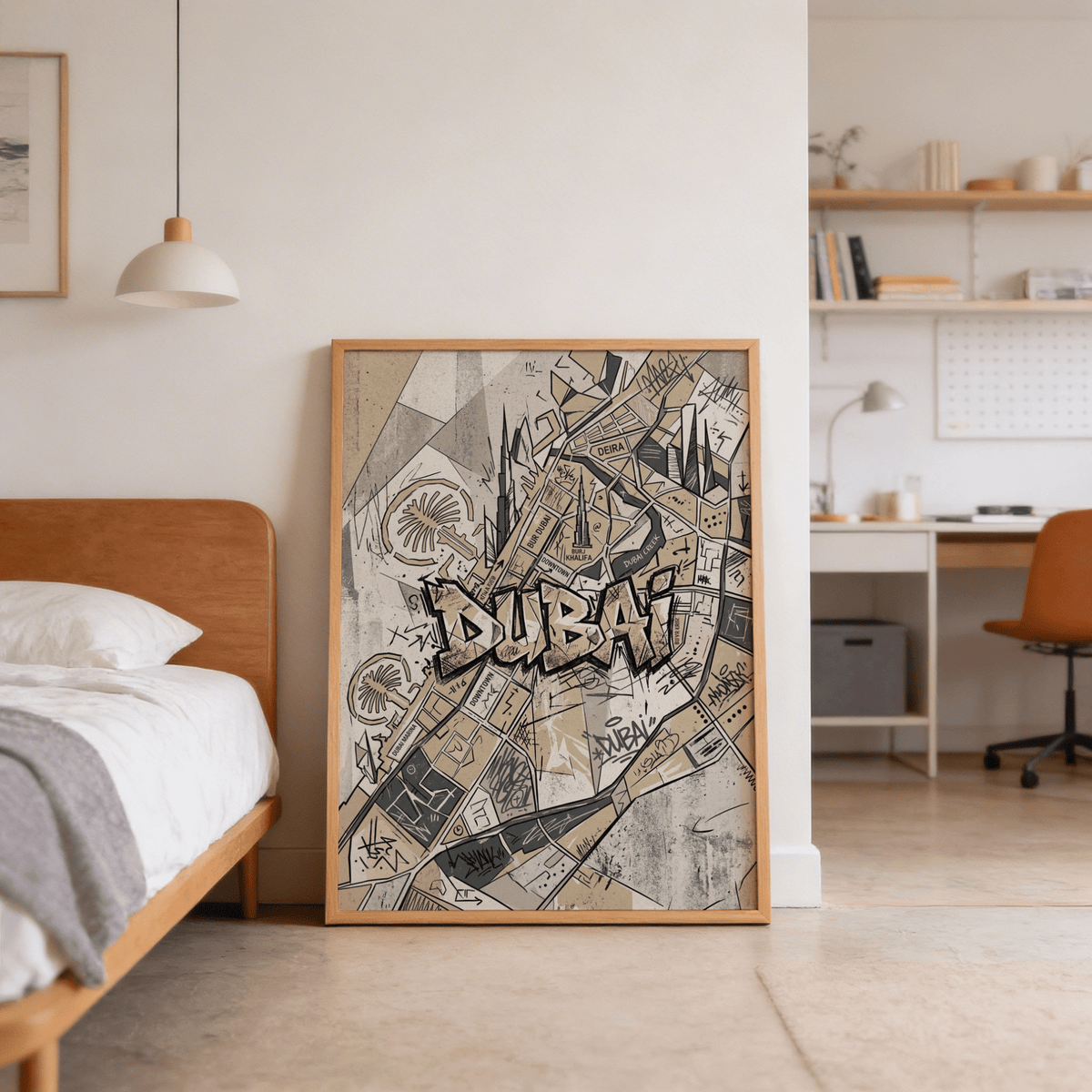 Dubai Street Art print leaning against wall in a bedroom with a pendant lamp beside the bed