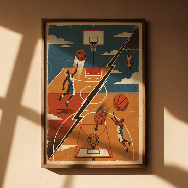 Framed Basketball Art Print featuring a retro illustration of a basketball dunk with orange and blue colours