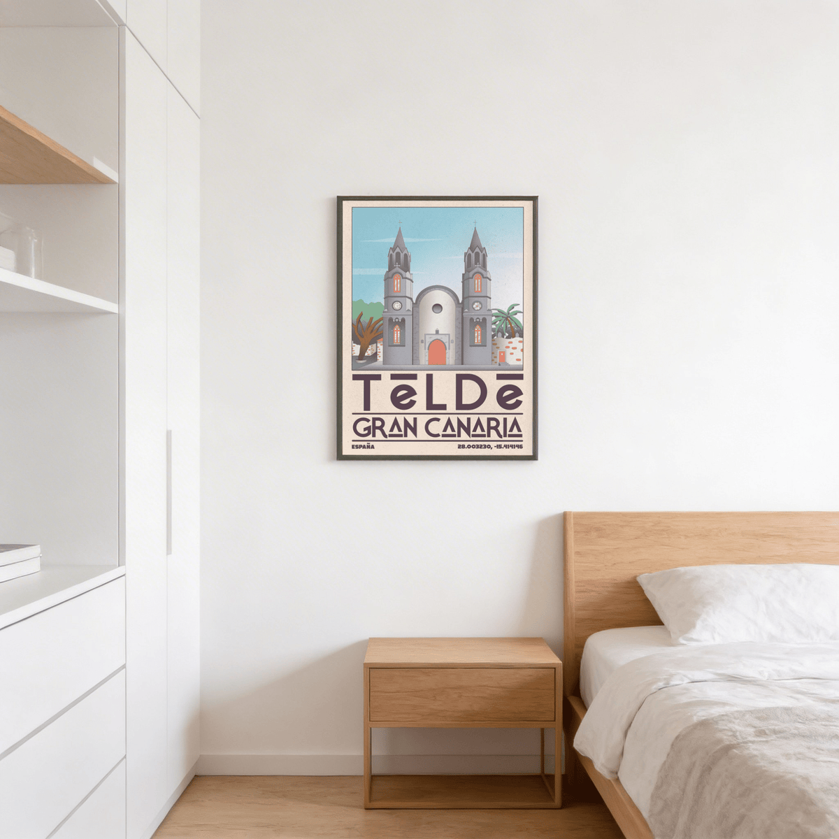 Telde Gran Canaria art print in a bedroom showing cathedral facade illustration with muted blues and browns above a wooden bedside table