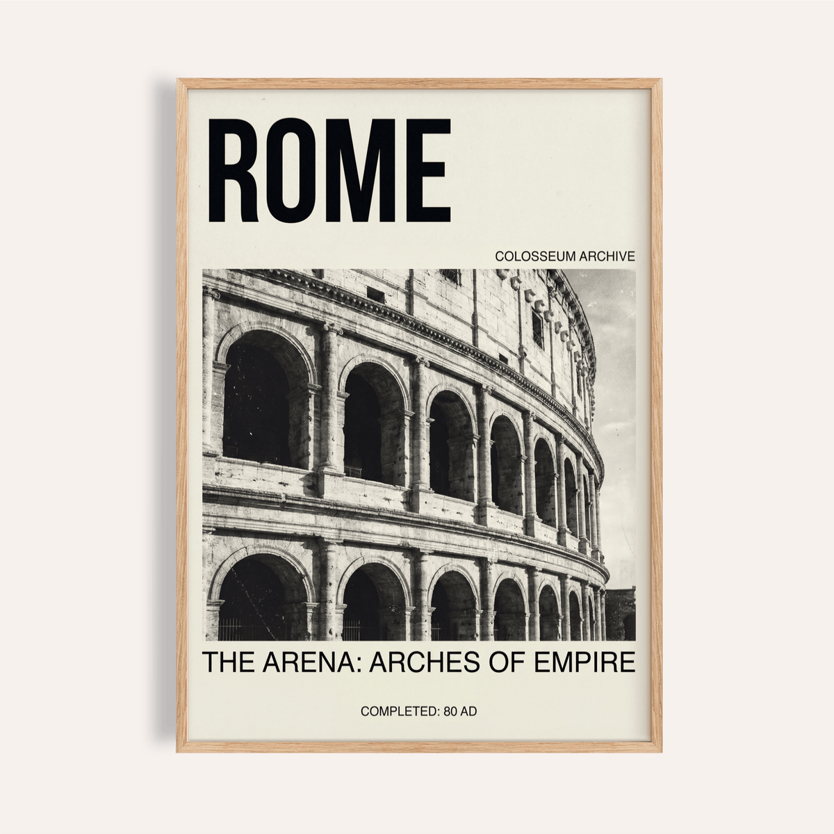 Framed Colosseum wall art with arches in black and white typography style