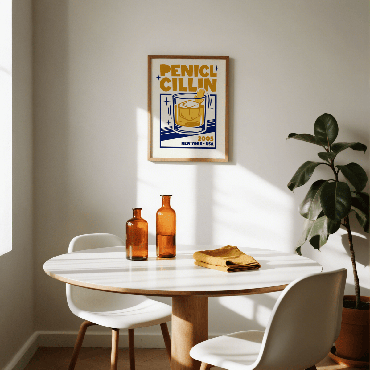 Bar decor wall art of a penicillin cocktail in mid-century style in a sunlit dining room with bottles on the table