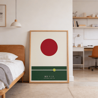 Japanese Tennis Art Print leaning on floor near bed with tennis ball and red circle on cream background