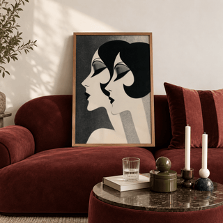 Art Deco Female Profiles print leaning on a red velvet sofa with a marble coffee table nearby