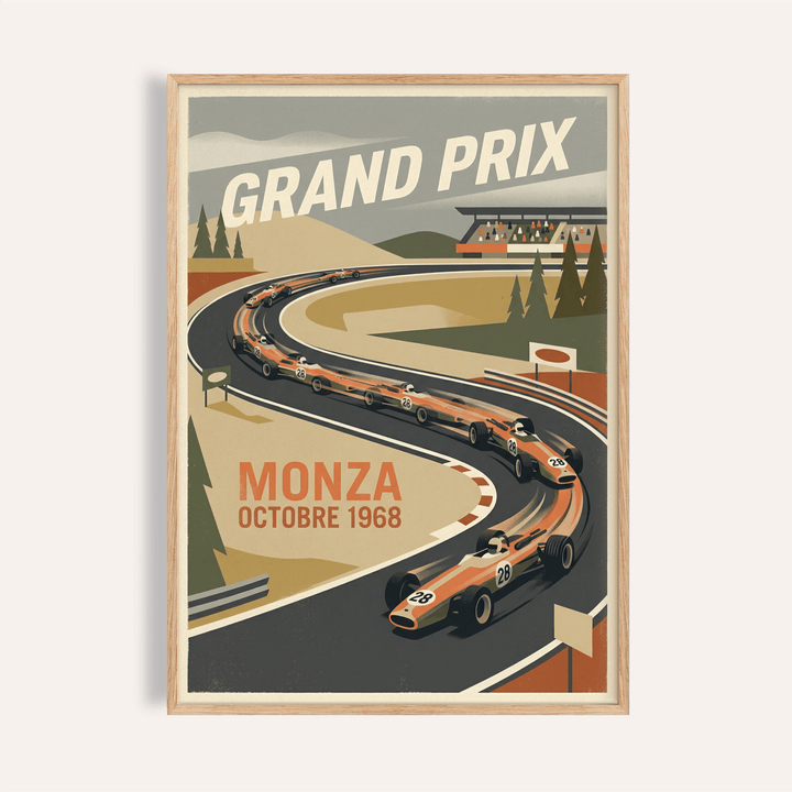 Vintage Monza Grand Prix Art Print poster showing open-wheel race cars on a sweeping curve