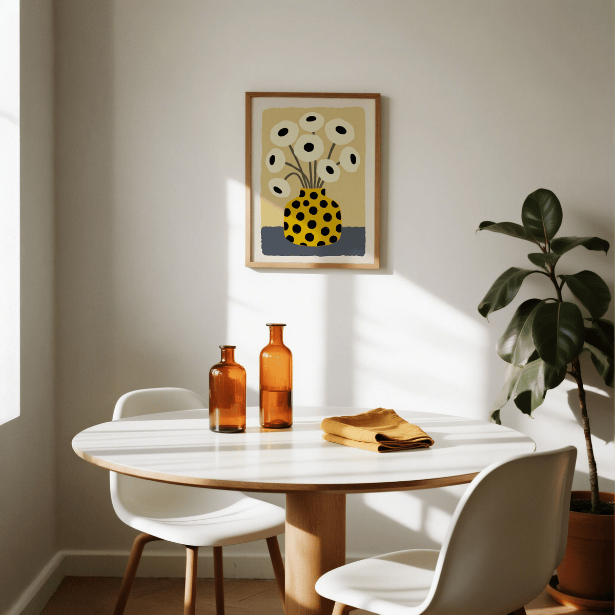 Yellow Vase Poster shown as print on a wall in a bright dining area with a round table and amber glass bottles nearby