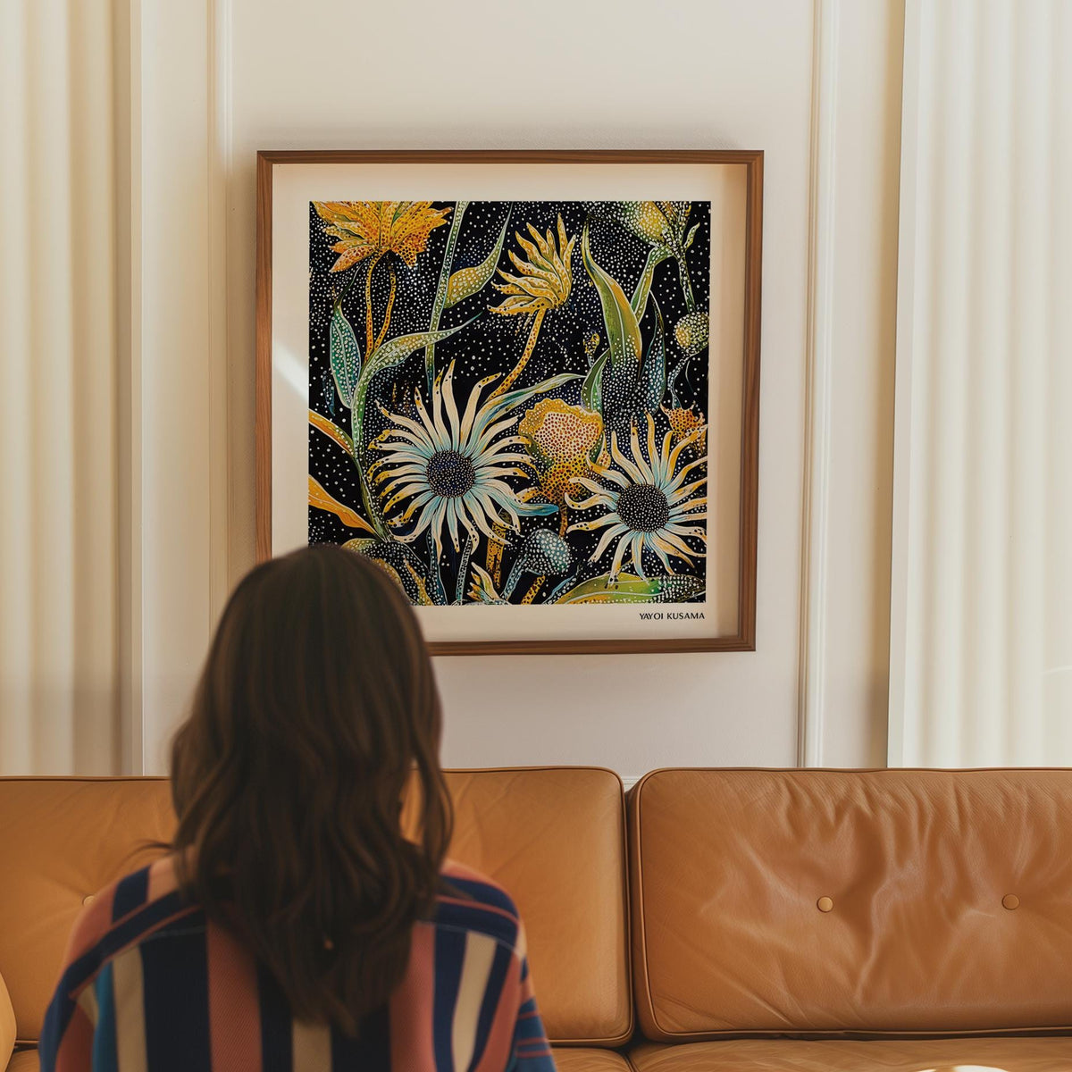 Abstract art floral print of dotted flowers in yellow and green above a tan sofa