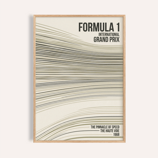 Framed racing track lines poster with abstract speed lines in black and olive on cream