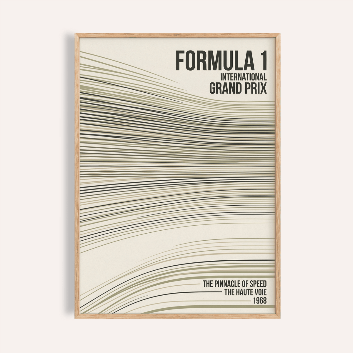 Framed racing track lines poster with abstract speed lines in black and olive on cream