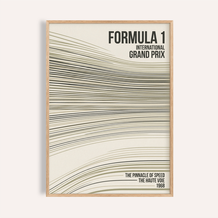 Framed racing track lines poster with abstract speed lines in black and olive on cream
