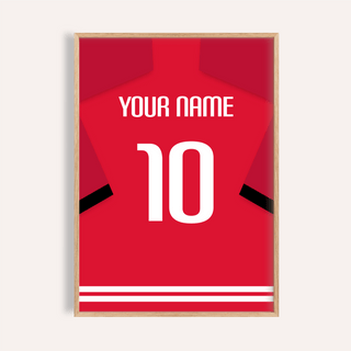 Framed Football Shirt Poster in Red with Black Sleeve Stripe with personalised name and number