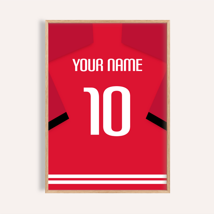 Framed Football Shirt Poster in Red with Black Sleeve Stripe with personalised name and number
