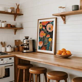 Print leaning on kitchen counter of tropical floral print with bright yellow and pink flowers near a bowl of oranges