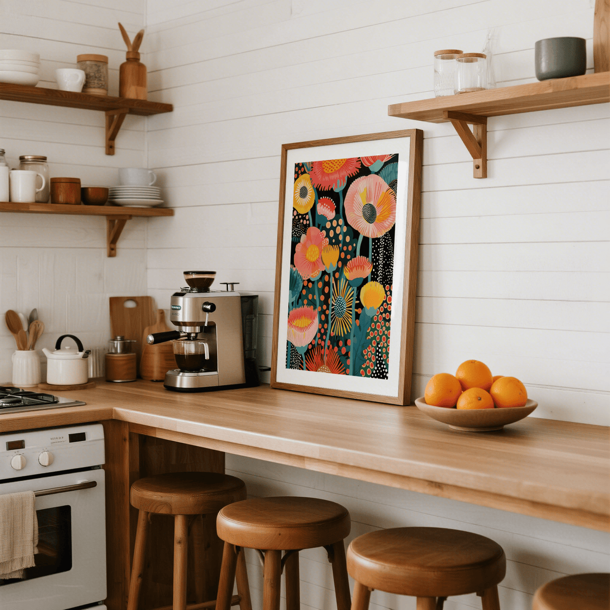 Print leaning on kitchen counter of tropical floral print with bright yellow and pink flowers near a bowl of oranges
