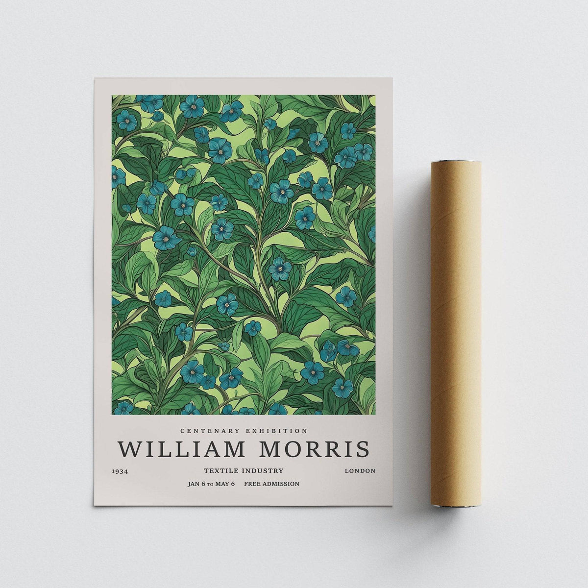 Green wall art for living room showing blue flower branch with green leaves alongside packaging tube
