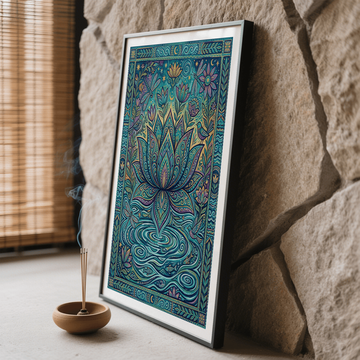Framed Colorful Nature Print of a lotus flower with dragonflies and birds against a textured stone wall