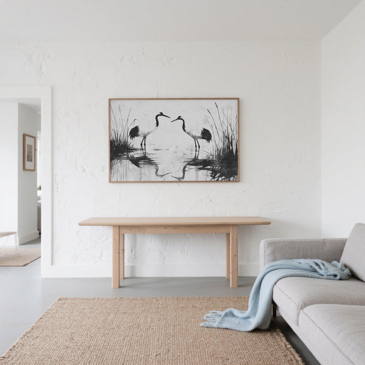 Minimalist Bird Art print of a pair of cranes in black ink above a wooden table in a white living room