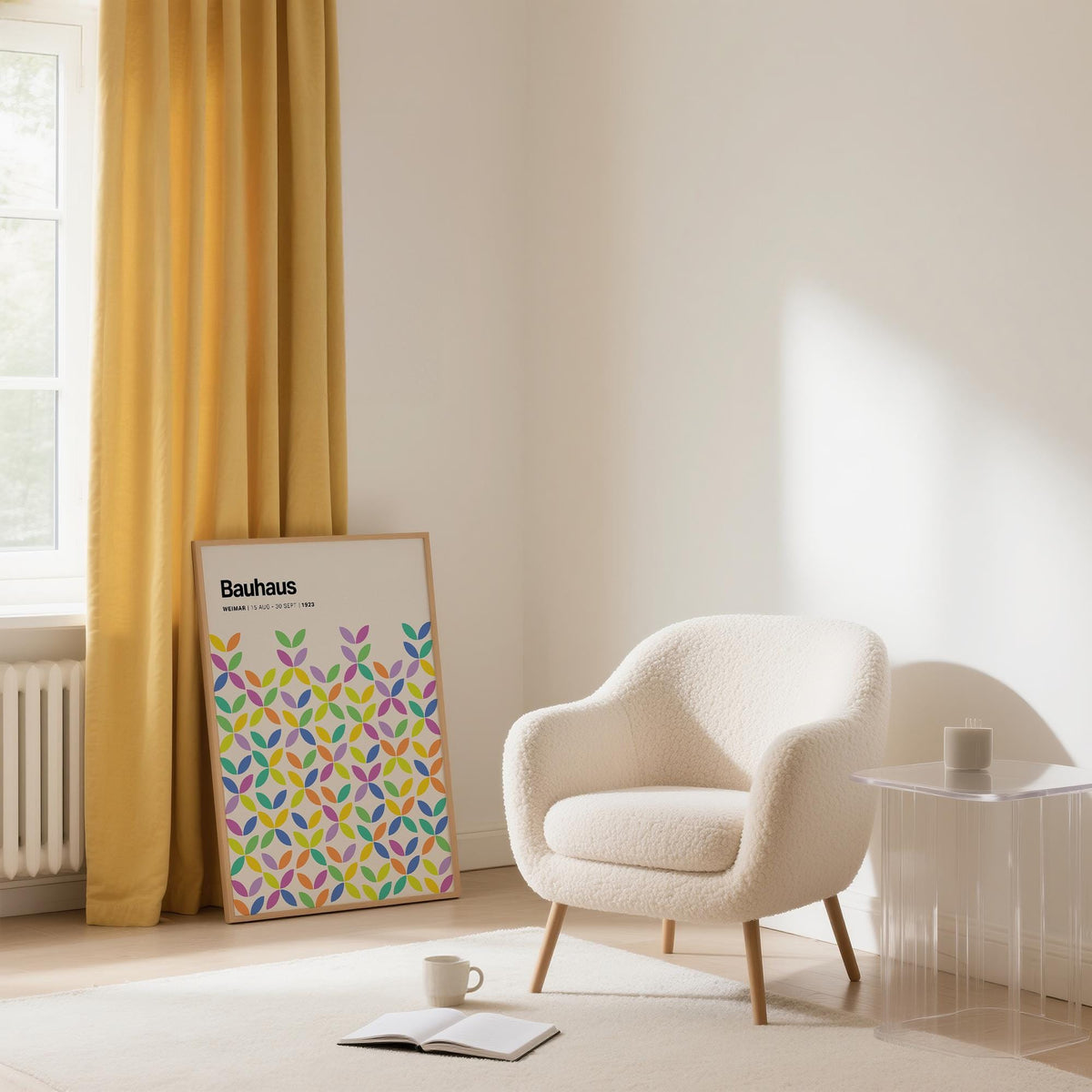 Framed Colorful Bauhaus Poster leaning against wall near a yellow curtain and white armchair