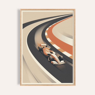 Framed Vintage Motorsport Poster showing a formula race car speeding through curves in retro colours