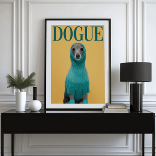 Cute Pet Wall Art framed print of a dog in a blue sweater on a mustard background with lamp on black console