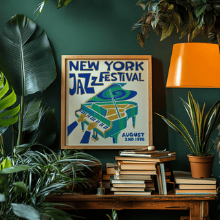 Framed New York Jazz Festival print showing a stylised green piano with blue and yellow text with books and plants nearby