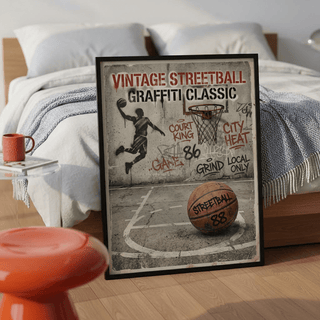Print leaning on the floor of a bedroom with grey bedding and a red stool nearby