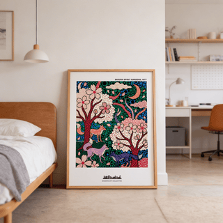 Sakura Spirit wall art leaning on the floor with colourful foxes and blossom in a bedroom