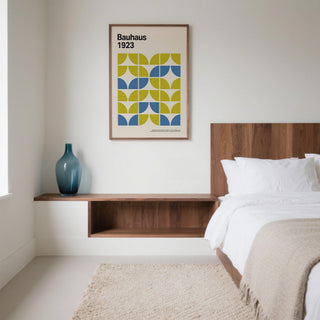 Bauhaus Geometric Art print with lime green and blue blocks above a wooden ledge and blue vase