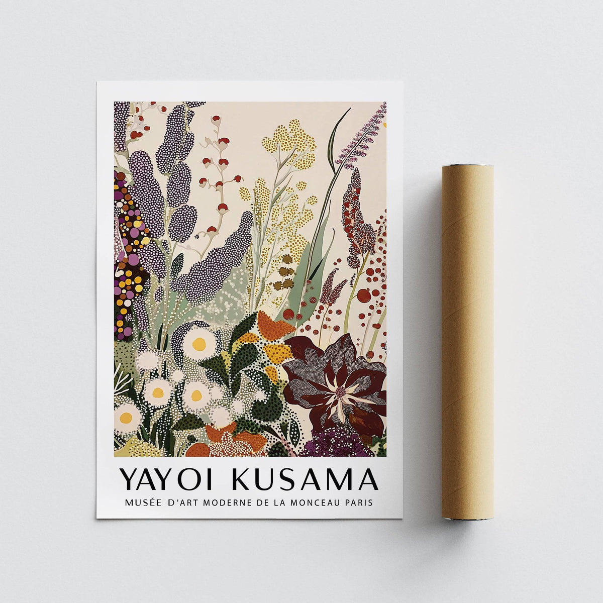 Abstract floral print of a botanical illustration with muted earth tones and cream next to a brown packaging tube