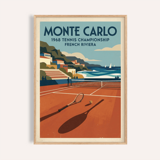 Framed Tennis Championship Art Print with a retro tennis court scene and blue sky