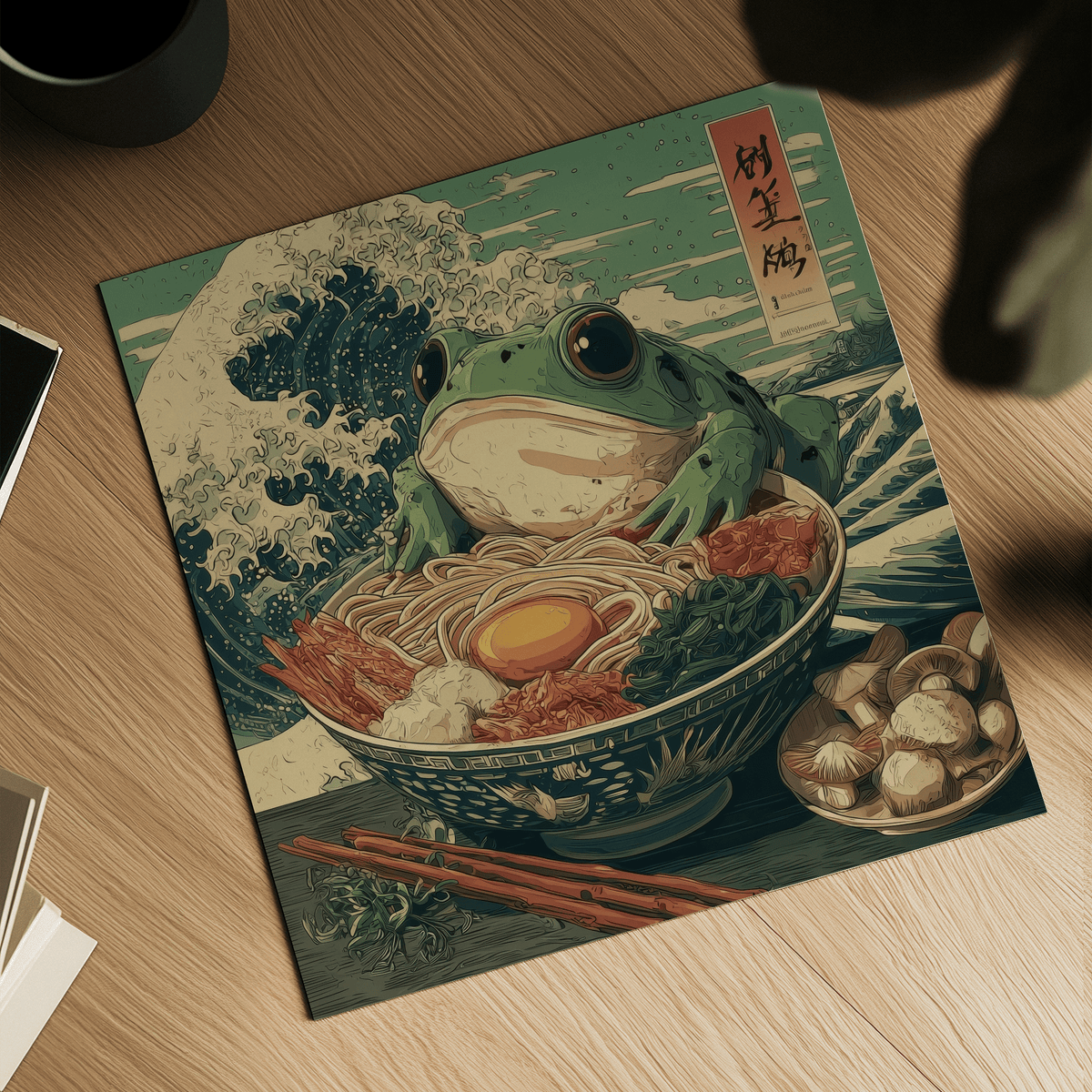 Frog Ramen Art print on a wooden floor with mushrooms on a small plate nearby