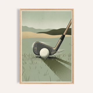 Framed Golf Iron Seven Print showing a seven iron golf club with ball in muted green and beige tones