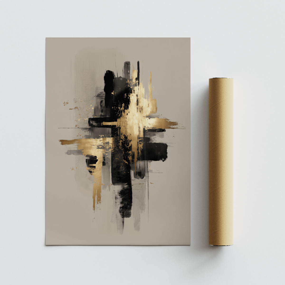 Black And Gold Poster print lying flat with abstract gold and black shapes next to a brown packaging tube