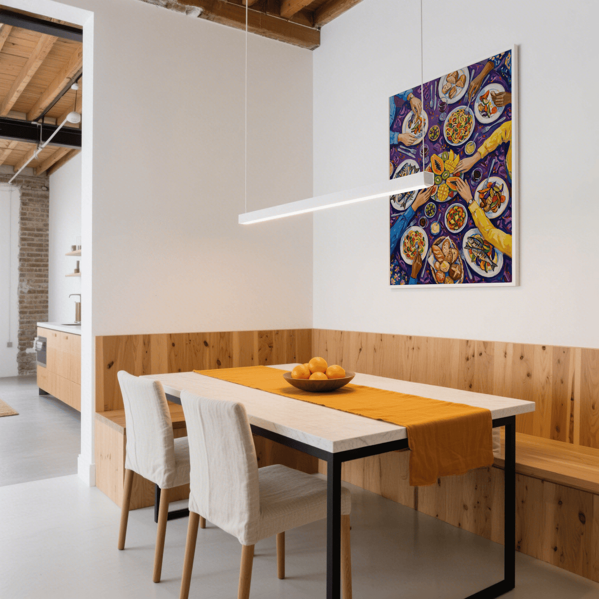 Colorful Dining Poster print on a wall in a dining room with a wooden table and white chairs