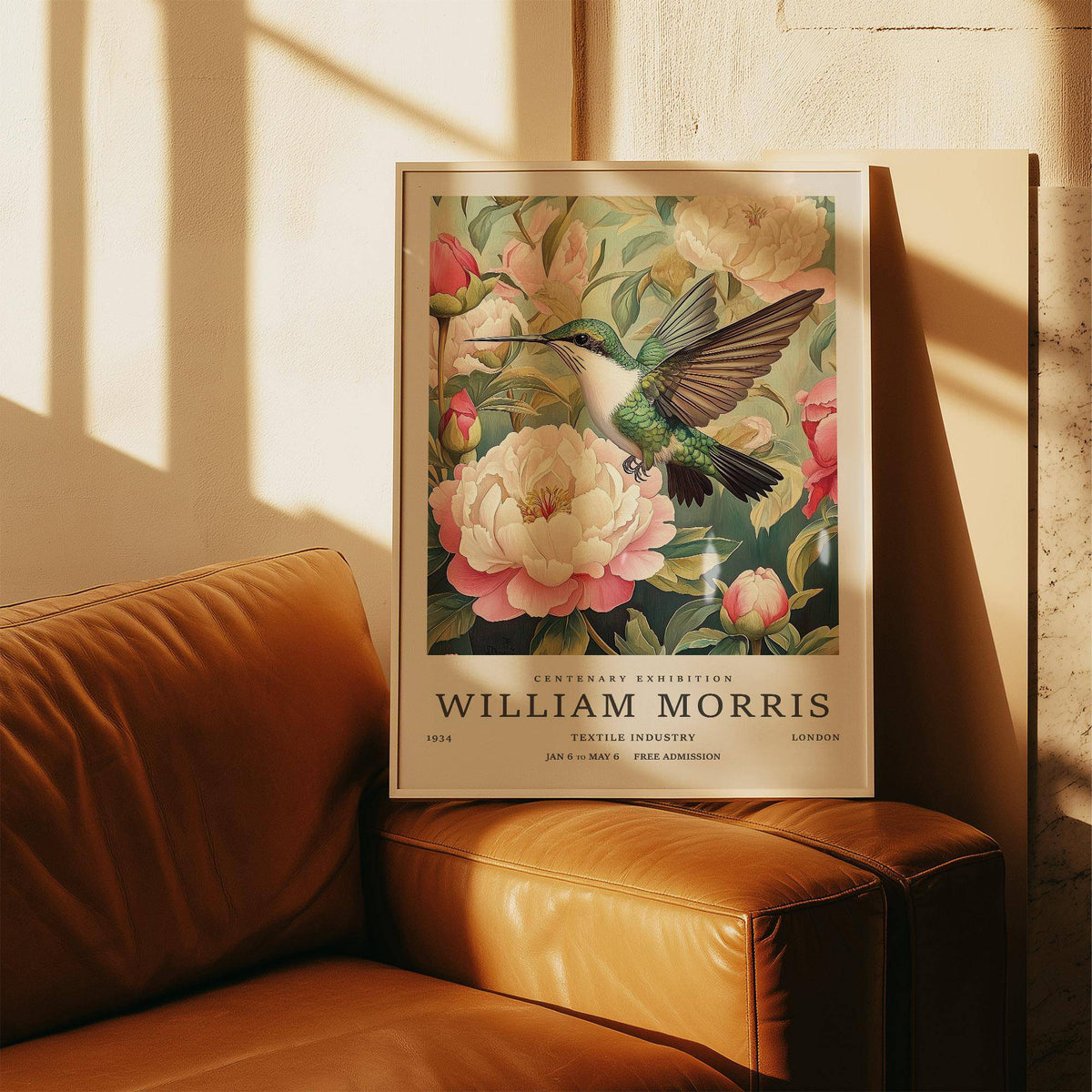 Print leaning on a leather seat showing a hummingbird with pink and cream peonies in muted green background