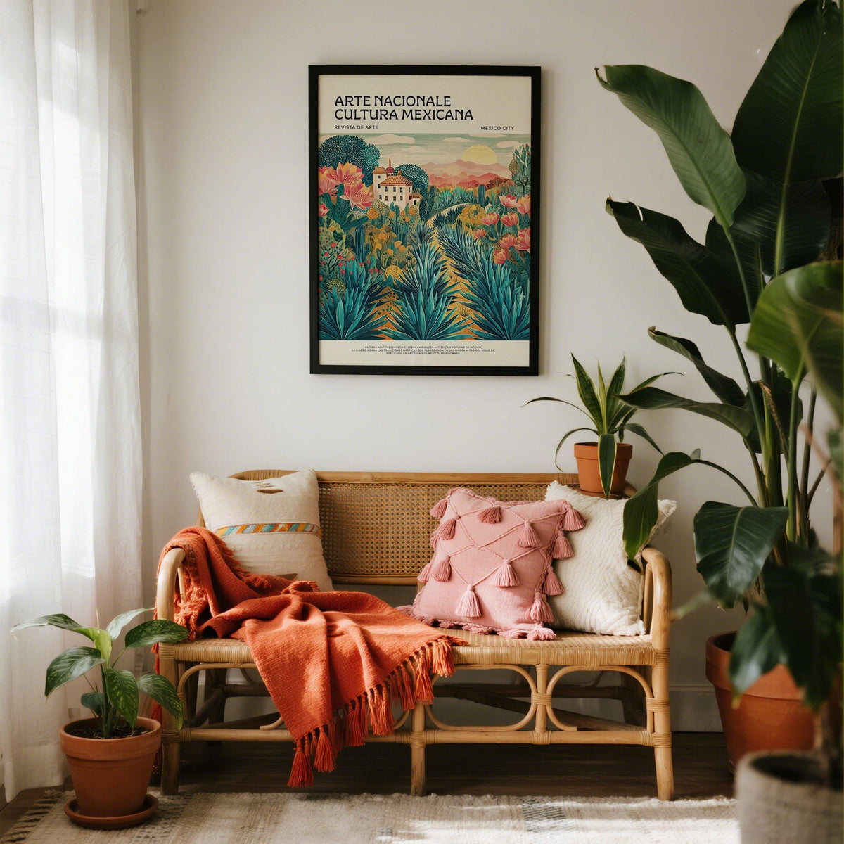 Mexican Landscape Art print with agave plants and house above a rattan sofa with cushions and a blanket