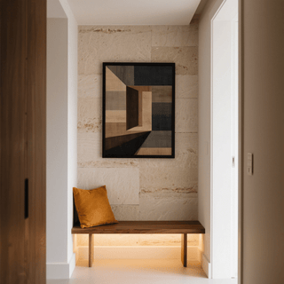 Abstract Geometric wall art with brown and grey shapes above a wooden bench and mustard cushion