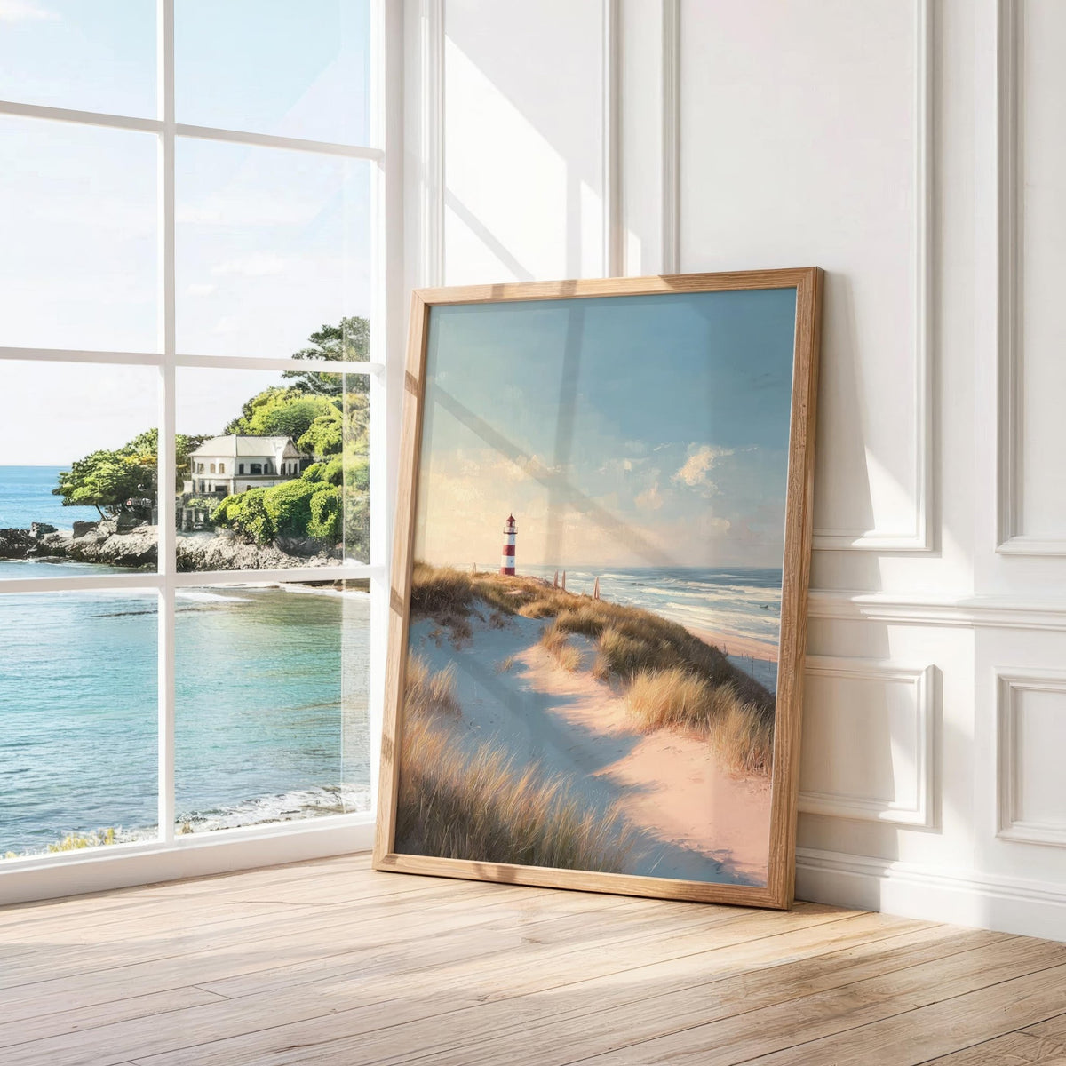 Lighthouse wall art leaning by a window with natural light showing a red and white striped lighthouse