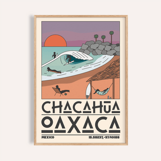 Framed Mexico Beach Art Print of surfers with a bright orange sun and purple sky