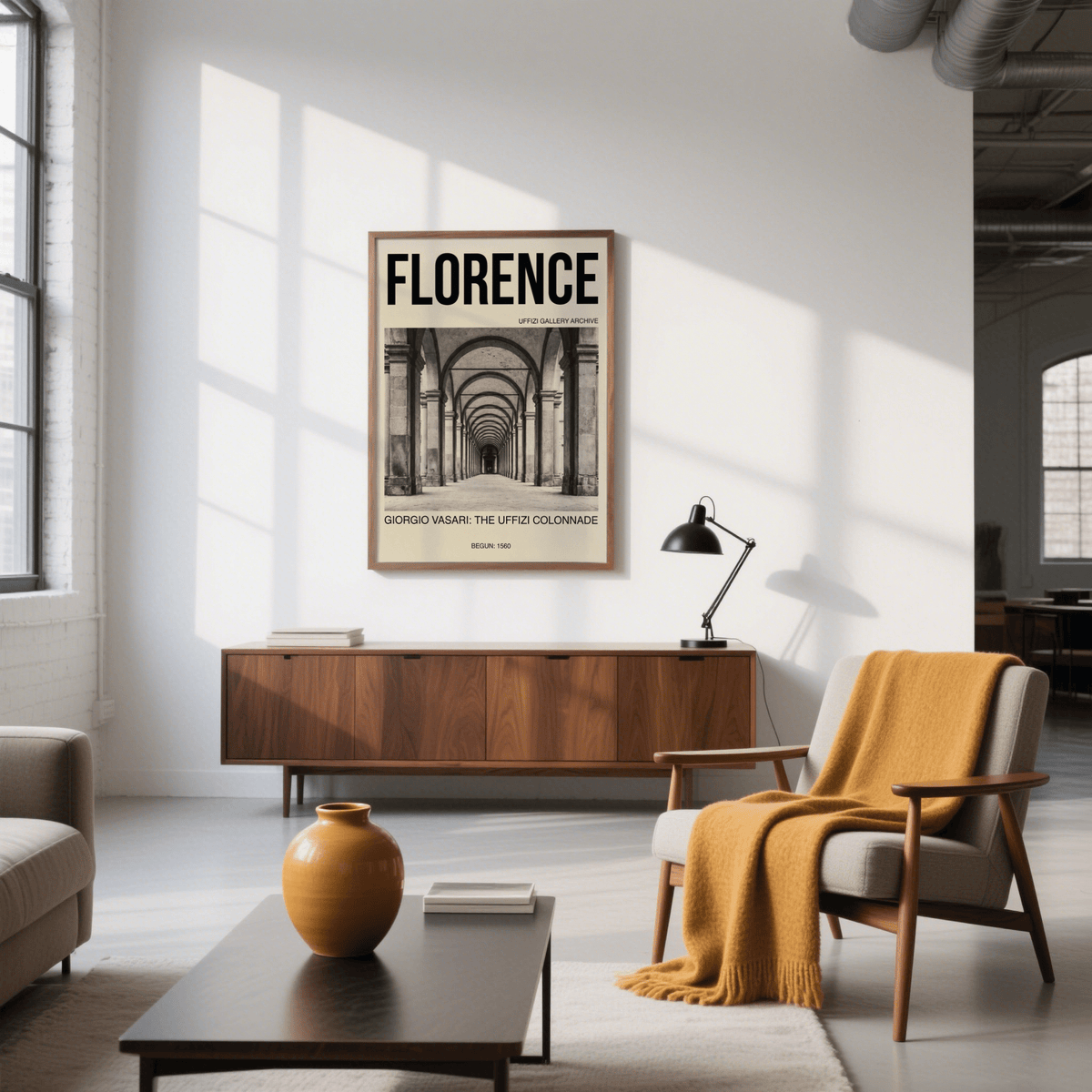 Florence Architecture Print hanging in a bright living room with mid-century furniture and a table lamp
