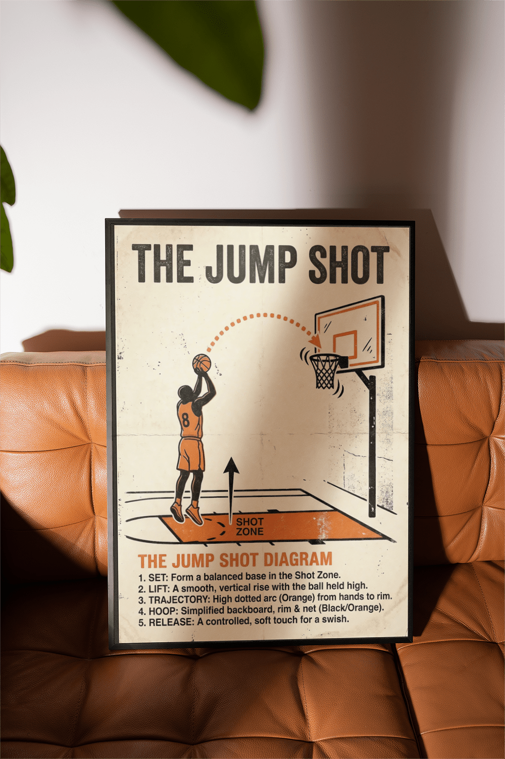 Framed print of basketball jump shot diagram with orange and black on a brown leather sofa