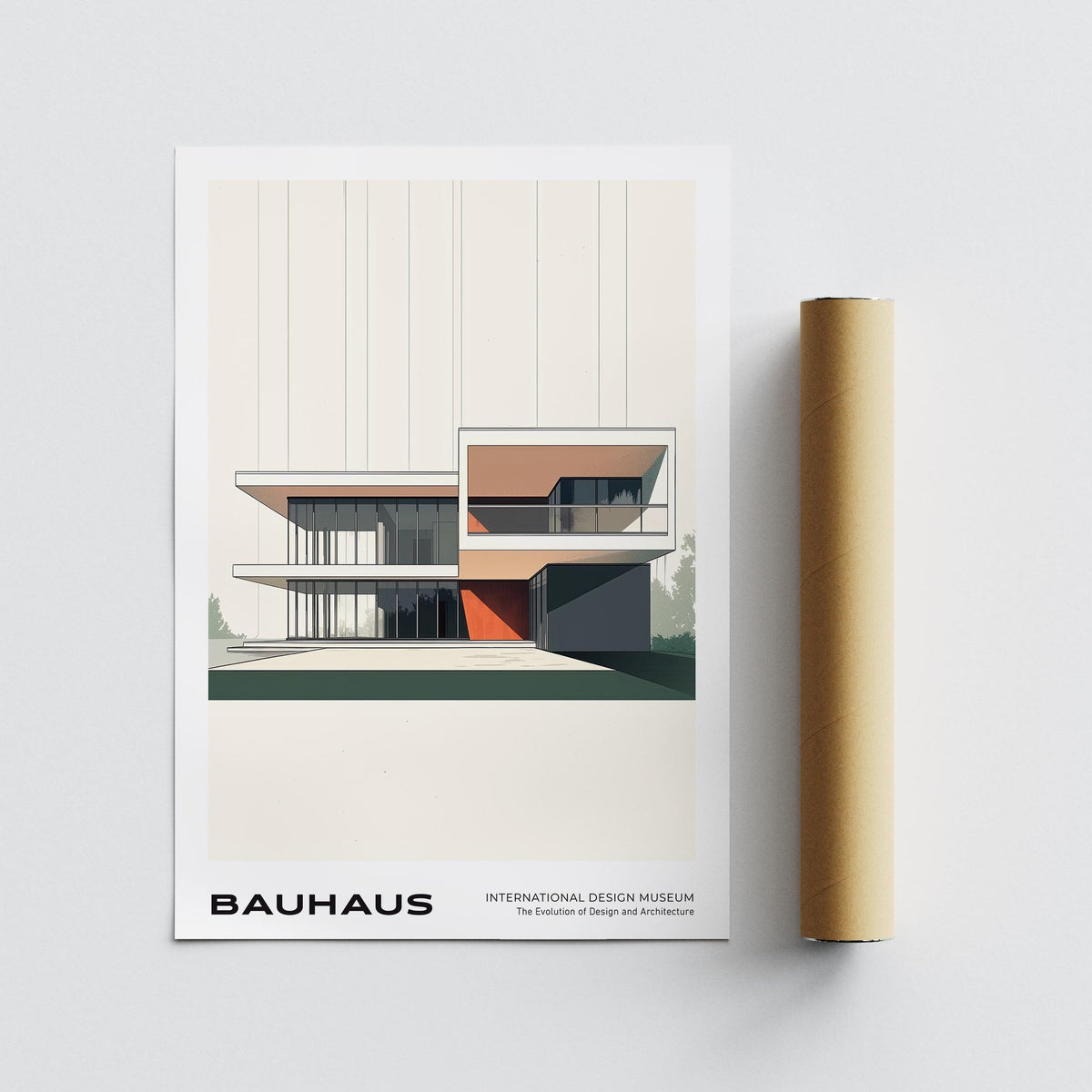 Bauhaus Architecture Poster artwork laid flat with packaging tube showing minimalist building in muted colours