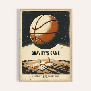 Framed surreal basketball art print showing a giant ball above a court in retro colours