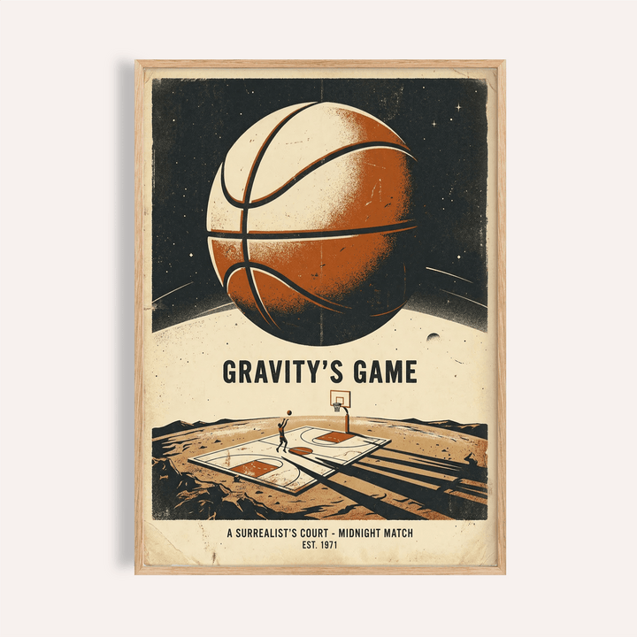 Framed surreal basketball art print showing a giant ball above a court in retro colours