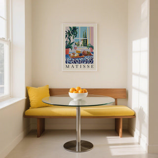 French Prints framed print of cheese and bread lunch illustration above a yellow bench in a dining area