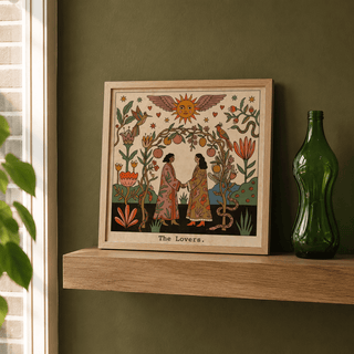 Print of The Lovers Tarot Card Art showing two women holding hands with folk-art style on a wooden shelf near a green bottle