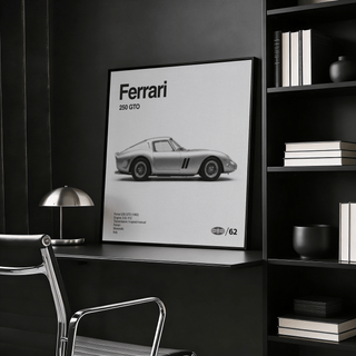 Classic Grand Tourer Poster leaning on a black desk with a vintage silver racing car and monochrome tones with a chrome desk lamp