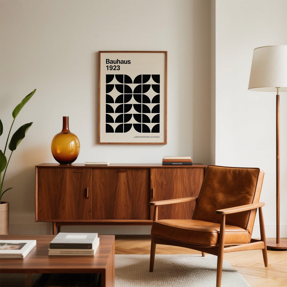 Print on a wall in a living room showing a Bauhaus 1923 geometric pattern with black shapes on cream background above a wooden sideboard