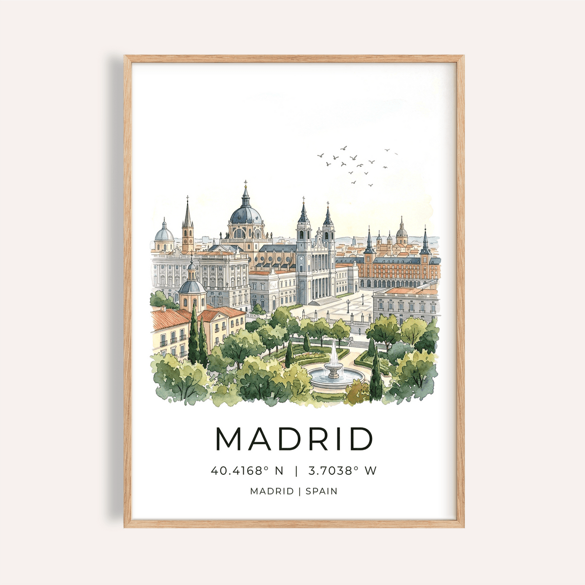 Madrid Cityscape Art Print framed close-up of watercolor cityscape with green trees and birds