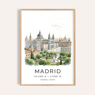 Madrid Cityscape Art Print framed close-up of watercolor cityscape with green trees and birds